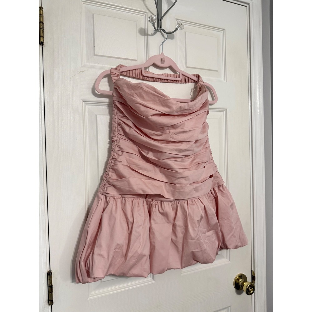 Meshki Pink Ruched Bubble Hem Mini Dress Halter Neckline Large Coquette Romanic - Picture 2 of 8